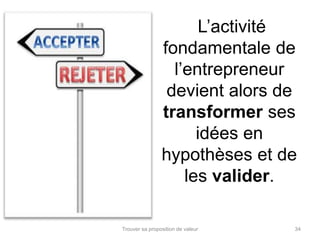 L’activité 
fondamentale de 
l’entrepreneur 
devient alors de 
transformer ses 
idées en 
hypothèses et de 
les valider. 
Trouver sa proposition de valeur 34 
 