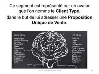 Ce segment est représenté par un avatar 
que l’on nomme le Client Type, 
dans le but de lui adresser une Proposition 
Unique de Vente. 
Trouver sa proposition de valeur 61 
 