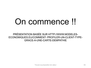 On commence !! 
PRÉSENTATION BASÉE SUR HTTP://WWW.MODELES-ECONOMIQUES. 
EU/COMMENT- PROFILER-UN-CLIENT-TYPE-GRACE- 
A-UNE-CARTE-DEMPATHIE 
Trouver sa proposition de valeur 63 
 
