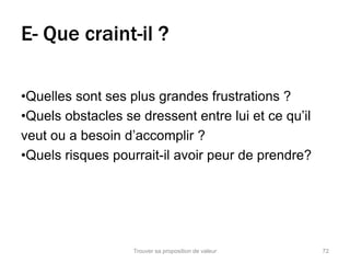 E- Que craint-il ? 
•Quelles sont ses plus grandes frustrations ? 
•Quels obstacles se dressent entre lui et ce qu’il 
veut ou a besoin d’accomplir ? 
•Quels risques pourrait-il avoir peur de prendre? 
Trouver sa proposition de valeur 72 
 