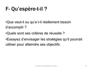 F- Qu’espère-t-il ? 
•Que veut-il ou qu’a t-il réellement besoin 
d’accomplir ? 
•Quels sont ses critères de réussite ? 
•Essayez d’envisager les stratégies qu’il pourrait 
utiliser pour atteindre ses objectifs. 
Trouver sa proposition de valeur 73 
 