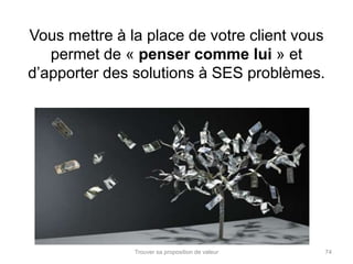 Vous mettre à la place de votre client vous 
permet de « penser comme lui » et 
d’apporter des solutions à SES problèmes. 
Trouver sa proposition de valeur 74 
 
