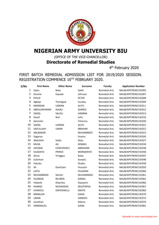 NIGERIAN ARMY UNIVERSITY BIU
(OFFICE OF THE VICE-CHANCELLOR)
Directorate of Remedial Studies
4th
February 2020
FIRST BATCH REMEDIAL ADMISSION LIST FOR 2019/2020 SESSION.
REGISTRATION COMMENCE 10TH
FEBRUARY 2020.
S/No First Name Other Name Surname Faculty Application Number
1 Sabiu Bako Saleh Remedial Arts NAUB/APP/REM/19/005
2 Onome Kayode Johnson Remedial Arts NAUB/APP/REM/19/007
3 PHILIP PETER Remedial Arts NAUB/APP/REM/19/008
4 Agbeje Thankgod Sunday Remedial Arts NAUB/APP/REM/19/009
5 MARWAN USMAN ALIYU Remedial Arts NAUB/APP/REM/19/011
6 ABDULRAHMAN ALKALI AHMED Remedial Arts NAUB/APP/REM/19/012
7 SADIQ SALISU HAMMA Remedial Arts NAUB/APP/REM/19/013
8 David Null John Remedial Arts NAUB/APP/REM/19/016
9 Sylvester Yohanna Remedial Arts NAUB/APP/REM/19/020
10 SADIQ USMAN ALIYU Remedial Arts NAUB/APP/REM/19/021
11 SAIFULLAHI UMAR IBRAHIM Remedial Arts NAUB/APP/REM/19/022
12 ABUBAKAR MUHAMMED Remedial Arts NAUB/APP/REM/19/023
13 Gagarau Imamu Remedial Arts NAUB/APP/REM/19/026
14 Abdullahi Saidu Aliyu Remedial Arts NAUB/APP/REM/19/027
15 MUSA ALI ADAMU Remedial Arts NAUB/APP/REM/19/034
16 IHEOMA CONFIDENCE ABRAHAM Remedial Arts NAUB/APP/REM/19/038
17 OLADAYO PRINCE MORAKINYO Remedial Arts NAUB/APP/REM/19/040
18 Amos Yirnggau Buba Remedial Arts NAUB/APP/REM/19/047
19 Suleiman Auwalu Remedial Arts NAUB/APP/REM/19/048
20 Yakubu Shaibu Remedial Arts NAUB/APP/REM/19/058
21 Ali Danfulani Hussaini Remedial Arts NAUB/APP/REM/19/059
22 LIATU HUSSAINI Remedial Arts NAUB/APP/REM/19/060
23 MUHAMMAD SALISU MUHAMMAD Remedial Arts NAUB/APP/REM/19/061
24 OLAMIDE REUBEN DANIEL Remedial Arts NAUB/APP/REM/19/065
25 Habeeb Olayinka Awoyemi Remedial Arts NAUB/APP/REM/19/066
26 AHMAD MUKADDAS MUSTAPHA Remedial Arts NAUB/APP/REM/19/067
27 CHINEDU ONYEKWELU OKOYE Remedial Arts NAUB/APP/REM/19/069
28 MAMUDA GANA Remedial Arts NAUB/APP/REM/19/070
29 UMAR HAMIDU Remedial Arts NAUB/APP/REM/19/072
30 Jonathan Adams Remedial Arts NAUB/APP/REM/19/074
31 EMMANUEL GANA Remedial Arts NAUB/APP/REM/19/081
Uploaded on www.myschoolgist.com
 