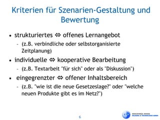 6
Kriterien für Szenarien-Gestaltung und
Bewertung
• strukturiertes  offenes Lernangebot
– (z.B. verbindliche oder selbstorganisierte
Zeitplanung)
• individuelle  kooperative Bearbeitung
– (z.B. Textarbeit "für sich" oder als "Diskussion")
• eingegrenzter  offener Inhaltsbereich
– (z.B. "wie ist die neue Gesetzeslage?" oder "welche
neuen Produkte gibt es im Netz?")
 