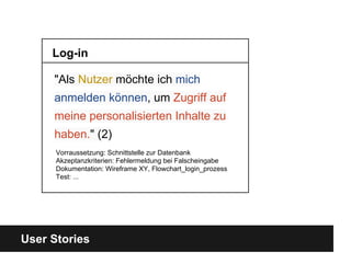 User Stories
Log-in
"Als Nutzer möchte ich mich
anmelden können, um Zugriff auf
meine personalisierten Inhalte zu
haben." (2)
Vorraussetzung: Schnittstelle zur Datenbank
Akzeptanzkriterien: Fehlermeldung bei Falscheingabe
Dokumentation: Wireframe XY, Flowchart_login_prozess
Test: ...
 