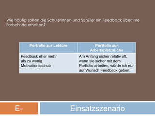 Wie häufig sollten die Schülerinnen und Schüler ein Feedback über ihre Fortschritte erhalten? E-PortfolioEinsatzszenario