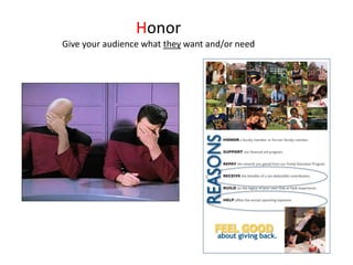 Honor
Give your audience what they want and/or need
 