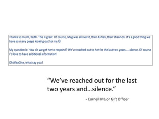 “We’ve reached out for the last
two years and…silence.”
- Cornell Major Gift Officer
 