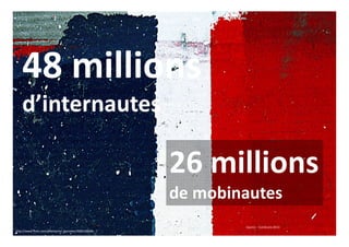 http://www.flickr.com/photos/mr_gonzales/3684146686
48 millions
d’internautes
Source : ComScore 2013
26 millions
de mobinautes
 
