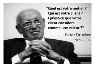 "Quel est votre métier ?
Qui est votre client ?
Qu'est-ce que votre
client considère
comme une valeur ?"
Peter Drucker
1909-2005
 