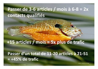 http://www.flickr.com/photos/texaseagle/4251427589/
Passer de 3-6 articles / mois à 6-8 = 2x
contacts qualifiés
Passer d’un total de 11-20 articles à 21-51
= +45% de trafic
+15 articles / mois = 5x plus de trafic
Source : hubspot.com/blog/
 