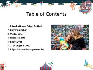 Table of Contents
1. Introduction of Sziget Festival
2. Communication
3. Visitor data
4. Research data
5. Sziget 2016
6. 25th Sziget in 2017
7. Sziget Cultural Management Ltd.
 