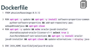 Dockerfile
FROM phusion/baseimage:0.9.12
RUN apt-get -y update && apt-get -y install software-properties-common
python-software-properties && add-apt-repository ppa:
webupd8team/java && apt-get clean
RUN apt-get -y update && echo oracle-java8-installer
shared/accepted-oracle-license-v1-1 select true |
/usr/bin/debconf-set-selections && apt-get -y install oracle-
java8-installer && apt-get clean && update-alternatives --display java
ENV JAVA_HOME /usr/lib/jvm/java-8-oracle
1
3
4
5
 
