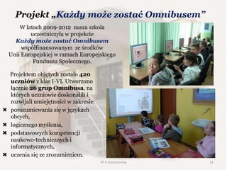 Projekt „Każdy może zostać Omnibusem”
Projektem objętych zostało 420
uczniów z klas I-VI. Utworzono
łącznie 26 grup Omnibusa, na
których uczniowie doskonalili i
rozwijali umiejętności w zakresie:
 porozumiewania się w językach
obcych,
 logicznego myślenia,
 podstawowych kompetencji
naukowo-technicznych i
informatycznych,
 uczenia się ze zrozumieniem.
W latach 2009-2012 nasza szkoła
uczestniczyła w projekcie
Każdy może zostać Omnibusem
współfinansowanym ze środków
Unii Europejskiej w ramach Europejskiego
Funduszu Społecznego.
18SP 9 Dzierżoniów
 