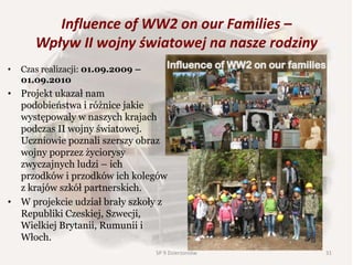 Influence of WW2 on our Families –
Wpływ II wojny światowej na nasze rodziny
• Czas realizacji: 01.09.2009 –
01.09.2010
• Projekt ukazał nam
podobieństwa i różnice jakie
występowały w naszych krajach
podczas II wojny światowej.
Uczniowie poznali szerszy obraz
wojny poprzez życiorysy
zwyczajnych ludzi – ich
przodków i przodków ich kolegów
z krajów szkół partnerskich.
• W projekcie udział brały szkoły z
Republiki Czeskiej, Szwecji,
Wielkiej Brytanii, Rumunii i
Włoch.
SP 9 Dzierżoniów 31
 