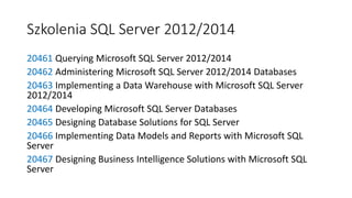 Szkolenia SQL Server 2012/2014
20461 Querying Microsoft SQL Server 2012/2014
20462 Administering Microsoft SQL Server 2012...