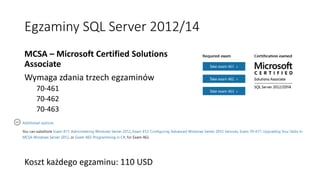 Egzaminy SQL Server 2012/14
MCSA – Microsoft Certified Solutions
Associate
Wymaga zdania trzech egzaminów
70-461
70-462
70-463
Koszt każdego egzaminu: 110 USD
 
