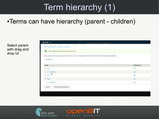 Term hierarchy (1)
●Terms can have hierarchy (parent - children)


Select parent
with drag and
drop UI
 