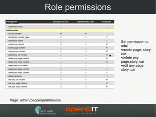 Role permissions


                                       Set permission to
                                       role:
                                       ●create page, story,

                                       car
                                       ●delete any

                                       page,story, car
                                       ●edit any page,

                                       story, car




Page: admin/people/permissions
 