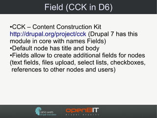Field (CCK in D6)

●CCK – Content Construction Kit
http://drupal.org/project/cck (Drupal 7 has this
module in core with names Fields)
●Default node has title and body

●Fields allow to create additional fields for nodes

(text fields, files upload, select lists, checkboxes,
 references to other nodes and users)
 