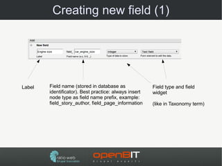 Creating new field (1)




Label   Field name (stored in database as              Field type and field
        identificator). Best practice: always insert   widget
        node type as field name prefix, example:
        field_story_author, field_page_information     (like in Taxonomy term)
 