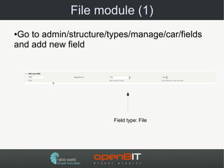 File module (1)
●Go to admin/structure/types/manage/car/fields
and add new field




                        Field type: File
 