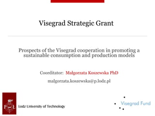 Visegrad Strategic Grant
Prospects of the Visegrad cooperation in promoting a
sustainable consumption and production models
Coorditator: Małgorzata Koszewska PhD
malgorzata.koszewska@p.lodz.pl
 