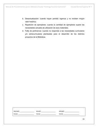 Manual de Procedimientos para la Biblioteca Escolar “Domingo Faustino Sarmiento” Escuela Normal Superior N° 7
15
b. Desactualización: cuando hayan perdido vigencia y no revistan ningún
valor histórico.
c. Repetición de ejemplares: cuando la cantidad de ejemplares supere las
necesidades actuales de utilización de esos materiales.
d. Falta de pertinencia: cuando no responda a las necesidades curriculares
y/o extracurriculares planteadas para el desarrollo de los distintos
proyectos de la Biblioteca.
PREPARÓ: ____________________ REVISÓ: ____________________ APROBÓ: ____________________
FECHA: ______________________ FECHA: _____________________ FECHA: ______________________
 
