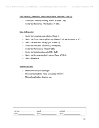 Manual de Procedimientos para la Biblioteca Escolar “Domingo Faustino Sarmiento” Escuela Normal Superior N° 7
33
Sala General y de Lectura Silenciosa (material de Acceso Directo):
 Sector de Literatura Infantil y Juvenil (Clase 82-93)
 Sector de Referencia Infantil (Clase R 030).
Sala de Depósito:
 Sector de Literatura para Adultos (Clase 8)
 Sector de Conocimiento y Ciencias (Clases 1 a 9, exceptuando el 37)
 Sector de Biblioteca Pedagógica (Clase 37)
 Sector de Manuales Escolares (Forma (o35))
 Sector de Hemeroteca (Clase P 050)
 Sector de Mediateca (soporte CD y DVD)
 Sector de Documentos Curriculares (Clase 372 DC)
 Sector Mapoteca
Archivo/depósito:
 Material histórico sin catalogar
 Donaciones recibidas hasta su ingreso definitivo
 Material duplicado o de poco uso
PREPARÓ: ____________________ REVISÓ: ____________________ APROBÓ: ____________________
FECHA: ______________________ FECHA: _____________________ FECHA: ______________________
 