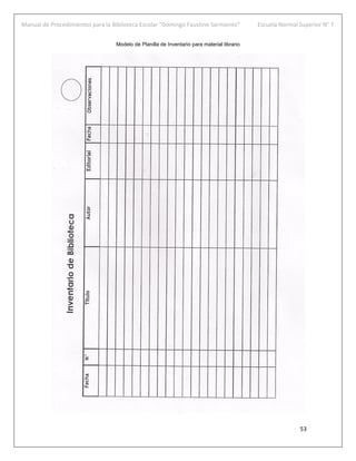 Manual de Procedimientos para la Biblioteca Escolar “Domingo Faustino Sarmiento” Escuela Normal Superior N° 7
53
Modelo de Planilla de Inventario para material librario
 