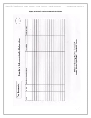 Manual de Procedimientos para la Biblioteca Escolar “Domingo Faustino Sarmiento” Escuela Normal Superior N° 7
54
Modelo de Planilla de Inventario para material no librario
 