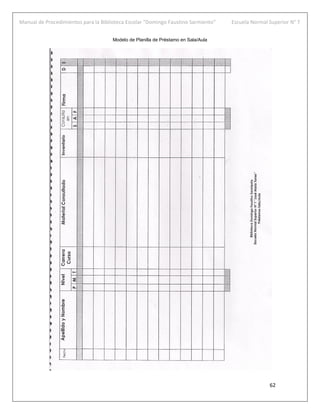 Manual de Procedimientos para la Biblioteca Escolar “Domingo Faustino Sarmiento” Escuela Normal Superior N° 7
62
Modelo de Planilla de Préstamo en Sala/Aula
 