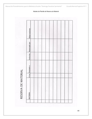 Manual de Procedimientos para la Biblioteca Escolar “Domingo Faustino Sarmiento” Escuela Normal Superior N° 7
64
Modelo de Planilla de Reserva de Material
 