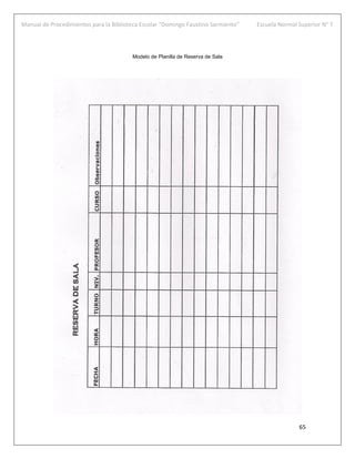 Manual de Procedimientos para la Biblioteca Escolar “Domingo Faustino Sarmiento” Escuela Normal Superior N° 7
65
Modelo de Planilla de Reserva de Sala
 