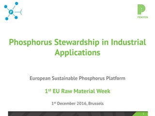 CHAPTER :
1
European Sustainable Phosphorus Platform
1st EU Raw Material Week
1st December 2016, Brussels
Phosphorus Stewardship in Industrial
Applications
 