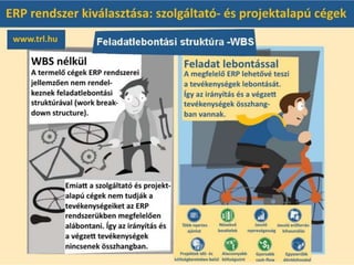 Feladatlebontási struktúra
A termelő- és kereskedő cégeknek kialakított ERP rendszerek jellemzően nem rendelkeznek
feladatlebontási struktúrával (work breakdown structure). Emiatt a szolgáltató- és projektalapú
cégek nem tudják tevékenységeiket az ERP rendszerükben megfelelően alábontani. Így az
irányítás és a végzett tevékenységek nincsenek összhangban.
A szolgáltató- és projektalapú szervezetek igényeinek megfelelő vállalatirányítási rendszer
lehetővé teszi a tevékenységek lebontását. Így az irányítás és a végzett tevékenységek
összhangban vannak.
 