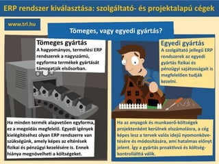 Tömeges, vagy egyedi gyártás?
A hagyományos, termelési ERP rendszerek a nagyszámú, egyforma termékek gyártását
támogatják elsősorban. Ha minden termék alapvetően egyforma, ez a megoldás megfelelő.
Egyedi igények kielégítéséhez olyan ERP rendszerre van szükségünk, amely képes az eltérések
fizikai és pénzügyi kezelésére is. Ennek hiánya megnövelheti a költségeket.
A szolgáltató jellegű ERP rendszerek az egyedi gyártás fizikai és pénzügyi sajátosságait is
megfelelően tudják kezelni. Ha az anyagok és munkaerő-költségek projektenként kerülnek
elszámolásra, a cég képes lesz a tervek valós idejű nyomonkövetésére és módosítására, ami
hatalmas előnyt jelent. Így a gyártás proaktívvá és költség-kontrollálttá válik.
 