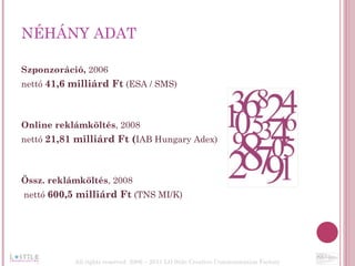 NÉHÁNY ADAT Szponzoráció,  2006  nettó  41,6 milliárd Ft  (ESA / SMS) Online reklámköltés , 2008  nettó  21,81 milliárd Ft ( IAB Hungary Adex) Össz. reklámköltés , 2008  nettó  600,5 milliárd Ft  (TNS MI/K) All rights reserved  2006 – 2011 LO Stile Creative Communication Factory 