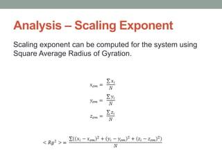 Analysis – Scaling Exponent
Scaling exponent can be computed for the system using
Square Average Radius of Gyration.
 
