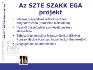 Az SZTE SZAKK EGA
projekt
• Intézményspecifikus adatok körének
meghatározása (adatséma kialakítása)
• Vezetői összefoglaló szerkezeti vázának
elkészítése
• Többszörös iteráció a felhasználókkal (Klinikai
Konszolidációs bizottság tagjai, intézményvezetők)
• Véglegesítés és adatfeltöltés
 