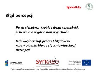 Błąd percepcji

        Po co ci piękny, szybki i drogi samochód,
        jeśli nie masz gdzie nim pojechad?

        Dziewięddziesiąt procent błędów w
        rozumowaniu bierze się z niewłaściwej
        percepcji



  Projekt współfinansowany przez Unię Europejską w ramach Europejskiego Funduszu Społecznego
 