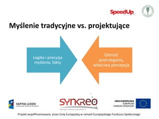 Myślenie tradycyjne vs. projektujące


                                                               Ostrośd
             Logika i precyzja
                                                            postrzegania,
              myślenia, fakty
                                                         właściwa percepcja




  Projekt współfinansowany przez Unię Europejską w ramach Europejskiego Funduszu Społecznego
 