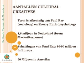 AANTALLEN CULTURAL CREATIVES Term is afkomstig van Paul Ray (socioloog) en Sherry Ruth (psycholoog) 1,6 miljoen in Nederland (bron: MarketResponse) Schattingen van Paul Ray: 80-90 miljoen in Europa 50 Miljoen in Amerika 