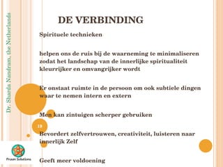 DE VERBINDING Spirituele technieken  helpen ons de ruis bij de waarneming te minimaliseren zodat het landschap van de innerlijke spiritualiteit kleurrijker en omvangrijker wordt Er onstaat ruimte in de persoon om ook subtiele dingen waar te nemen intern en extern Men kan zintuigen scherper gebruiken Bevordert zelfvertrouwen, creativiteit, luisteren naar innerlijk Zelf Geeft meer voldoening 