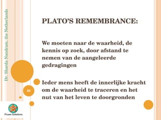 PLATO’S REMEMBRANCE:  We moeten naar de waarheid, de kennis op zoek, door afstand te nemen van de aangeleerde gedragingen Ieder mens heeft de innerlijke kracht om de waarheid te traceren en het nut van het leven te doorgronden 