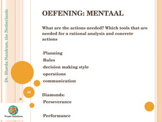 OEFENING: MENTAAL What are the actions needed? Which tools that are needed for a rational analysis and concrete actions Planning Rules decision making style operations   communication  Diamonds: Perseverance Performance 