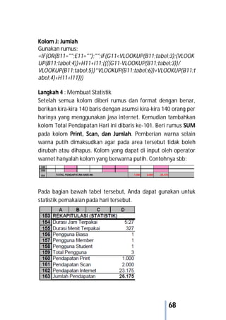 68
Kolom J: Jumlah
Gunakan rumus:
=IF(OR(B11="";E11="");"";IF(G11<VLOOKUP(B11;tabel;3);(VLOOK
UP(B11;tabel;4))+H11+I11;((((G11-VLOOKUP(B11;tabel;3))/
VLOOKUP(B11;tabel;5))*VLOOKUP(B11;tabel;6))+VLOOKUP(B11;t
abel;4)+H11+I11)))
Langkah 4 : Membuat Statistik
Setelah semua kolom diberi rumus dan format dengan benar,
berikan kira-kira 140 baris dengan asumsi kira-kira 140 orang per
harinya yang menggunakan jasa internet. Kemudian tambahkan
kolom Total Pendapatan Hari ini dibaris ke-101. Beri rumus SUM
pada kolom Print, Scan, dan Jumlah. Pemberian warna selain
warna putih dimaksudkan agar pada area tersebut tidak boleh
dirubah atau dihapus. Kolom yang dapat di input oleh operator
warnet hanyalah kolom yang berwarna putih. Contohnya sbb:
Pada bagian bawah tabel tersebut, Anda dapat gunakan untuk
statistik pemakaian pada hari tersebut.
 