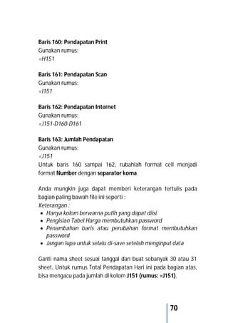 70
Baris 160: Pendapatan Print
Gunakan rumus:
=H151
Baris 161: Pendapatan Scan
Gunakan rumus:
=I151
Baris 162: Pendapatan Internet
Gunakan rumus:
=J151-D160-D161
Baris 163: Jumlah Pendapatan
Gunakan rumus:
=J151
Untuk baris 160 sampai 162, rubahlah format cell menjadi
format Number dengan separator koma.
Anda mungkin juga dapat memberi keterangan tertulis pada
bagian paling bawah file ini seperti :
Keterangan :
 Hanya kolom berwarna putih yang dapat diisi
 Pengisian Tabel Harga membutuhkan password
 Penambahan baris atau perubahan format membutuhkan
password
 Jangan lupa untuk selalu di-save setelah menginput data
Ganti nama sheet sesuai tanggal dan buat sebanyak 30 atau 31
sheet. Untuk rumus Total Pendapatan Hari ini pada bagian atas,
bisa mengacu pada jumlah di kolom J151 (rumus: =J151).
 