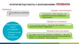 ВТОРОЙ МЕТОД РАБОТЫ С ВОЗРАЖЕНИЯМИ: ПОХВАЛА
Я слышала о такой компании, ней
действительно есть интересные
предложения.
И это отличная новость, значит Вы уже знакомы с
системой сетевого маркетинга!
Это замечательно! Вы прекрасно понимаете, о чем речь!
Оцените и наши предложения для новых Консультантов.
Уверен, они привлекут ваше внимание.
Я уже работаю в компании
N
Находим, с чем согласиться:
:
Выскажите свою точку зрения:
Отвечая на возражения,
помним
о 3-х правилах:
• Позитивный настрой
• Не спорим
• Присоединяемся
Возражение:
Находим, за что похвалить:
 