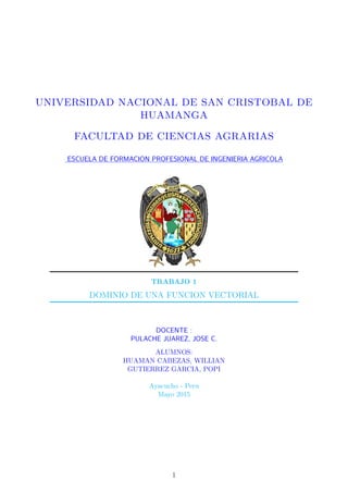 UNIVERSIDAD NACIONAL DE SAN CRISTOBAL DE
HUAMANGA
FACULTAD DE CIENCIAS AGRARIAS
ESCUELA DE FORMACION PROFESIONAL DE INGENIERIA AGRICOLA
TRABAJO 1
DOMINIO DE UNA FUNCION VECTORIAL
DOCENTE :
PULACHE JUAREZ, JOSE C.
ALUMNOS:
HUAMAN CABEZAS, WILLIAN
GUTIERREZ GARCIA, POPI
Ayacucho - Peru
Mayo 2015
1
 